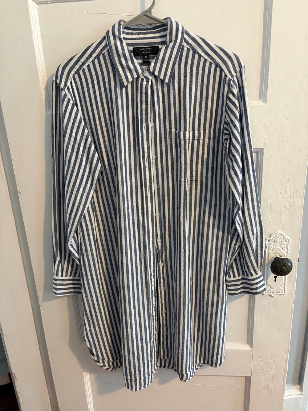 summer Blue and White Linen Blend Button-Up Dress